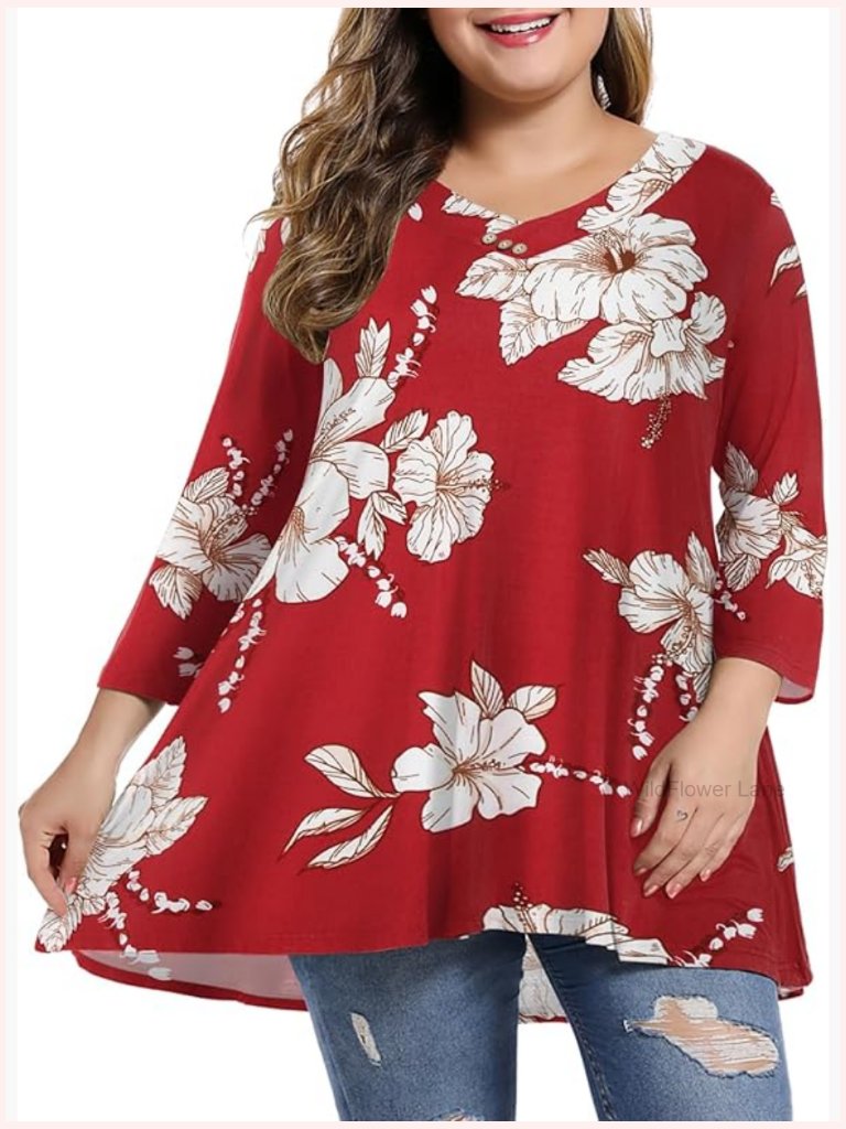 Plus Size 3/4 Sleeve V-Neck Button Swing Tunic Top For Leggings